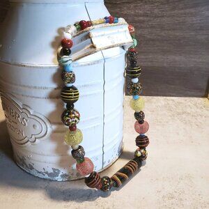 India Artisan Vintage 90s Glass Beads Black Multi Necklace OOAK Style E